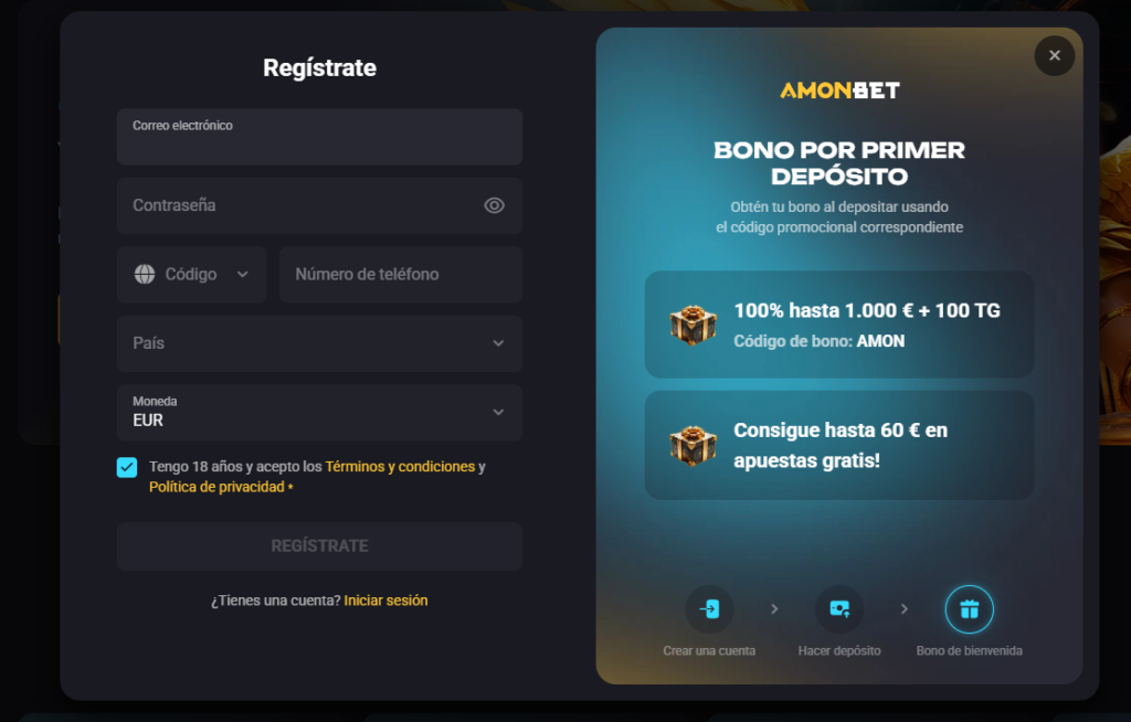 Pantalla de registro y bono de bienvenida en Amonbet